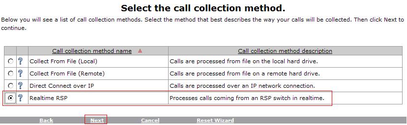 In the Select the call collection method page, select the Realtime