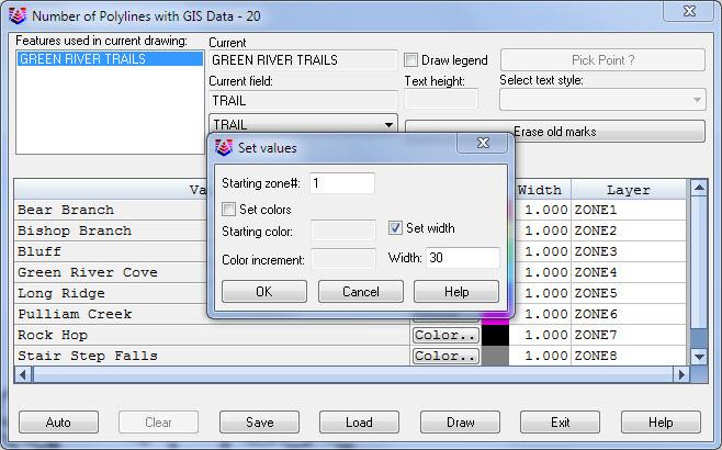 Overview of Carlson GIS (7 5) Unselect the option to Set colors. (7 6) Select the option to Set width. (7 7) Change the Width to 30. (7 8) Click OK to close the box.