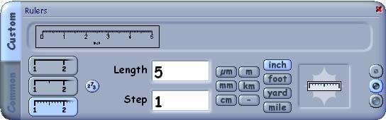 To create a custom ruler, select the Custom tab on the Ruler palette: 10 The preview window displays how the ruler will appear. You have a choice of three division modes and nine units of measurement.