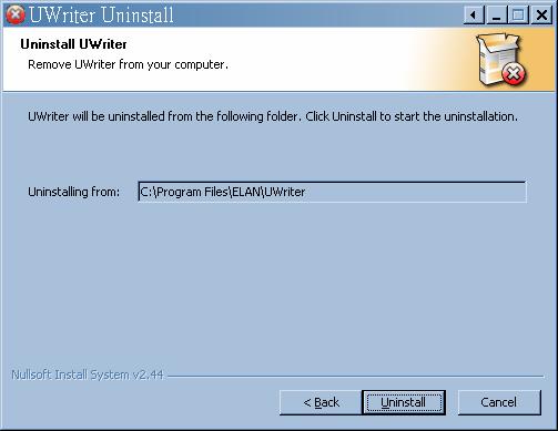 Chapter 2 The UWriter Uninstall dialog will then show the path where the UWriter will be removed from. Click Uninstall button to continue.