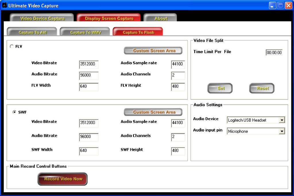 FLV SWF Capture to Flash Video Format. Set your custom Video and Audio Bitrates, Audio Sample Rate, and Audio Channels.