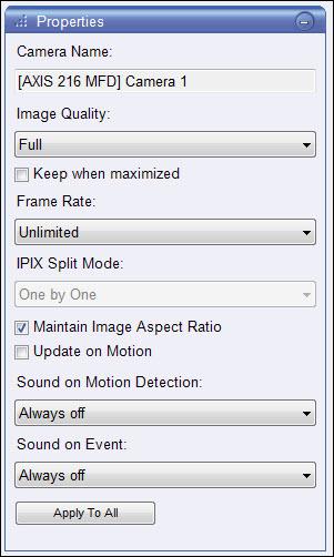 Properties The Properties section within the Setup tab is dynamic based upon the selected view pane. Properties for Video 1. In the Setup tab, click a pane displaying video.