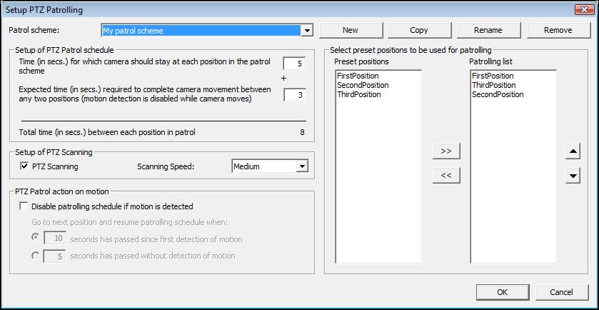5. Select the PTZ Camera for which to configure PTZ Patrolling. 6. Click Settings. The Camera Settings for [Device_name] Camera Name appears. The PTZ Preset Positions button should be enabled. 7.