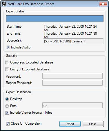 Figure 29 Database Export The fields within the pop-up can be defined as follows: Export Status Start Time End Time Source Include Audio Read-only display of selected Start Date and Time Read-only