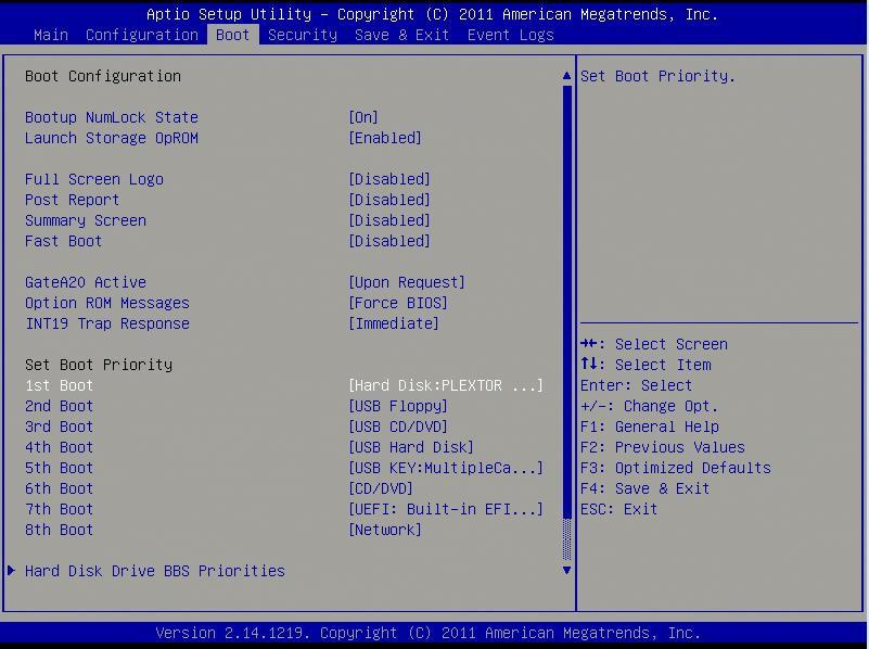 Navigate to the Boot page, and then ensure the internal HDD (usually PLEXTOR) is set as the first boot device.