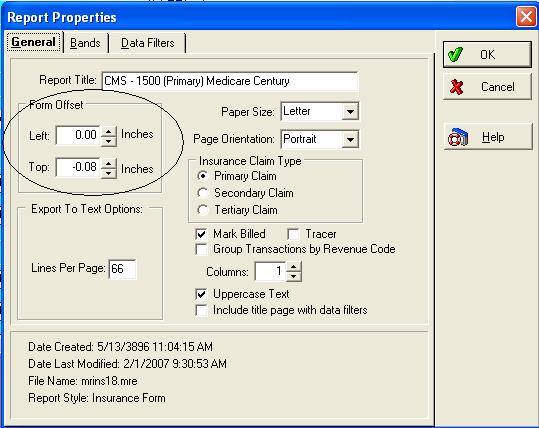 The Report Properties can be found in the Report Designer, File Menu, Report Properties. Check the Form Offset on your current HCFA forms.
