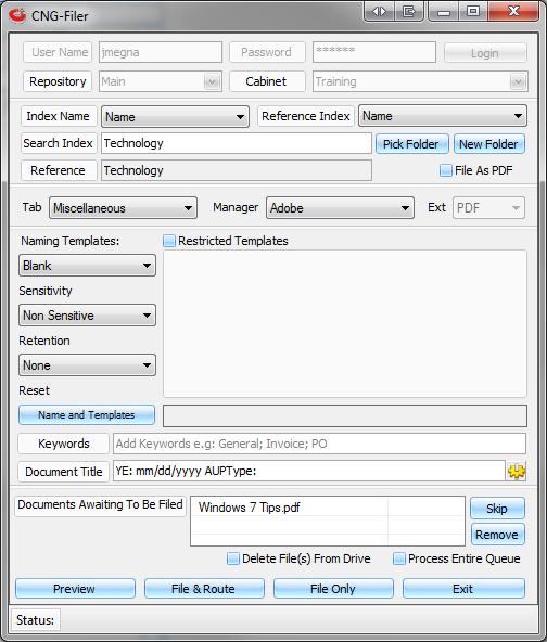 Using your Filer Pop-Up 1. Drag a file to either the folder screen or to an open folder. 2. Release the mouse button and the CNG Filer screen will appear. 3.