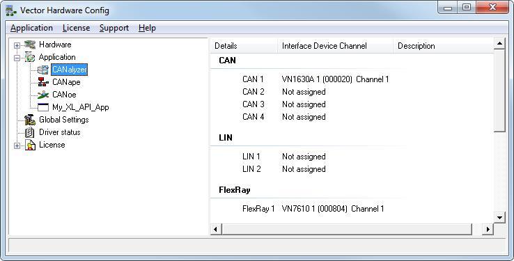 The following nodes are available in the tree view: The Hardware section lists the installed Vector devices.