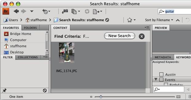 Searching by name or keyword Searching by name or keyword Note that in the Default view of Adobe Bridge, you have a Search text box ready and waiting to use.