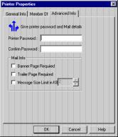The Advanced Info tab of the Printer Properties dialog box lets you set the printer password.