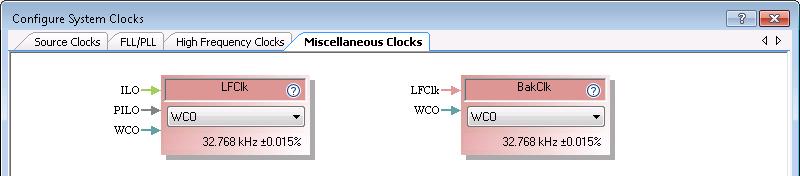 b. Then under the Miscellaneous Clocks tab, set WCO as the clock source for the Low Frequency (LFClk) clock and for the Backup(BakClk) clock. c. Close the Configure System Clocks dialog. 3.