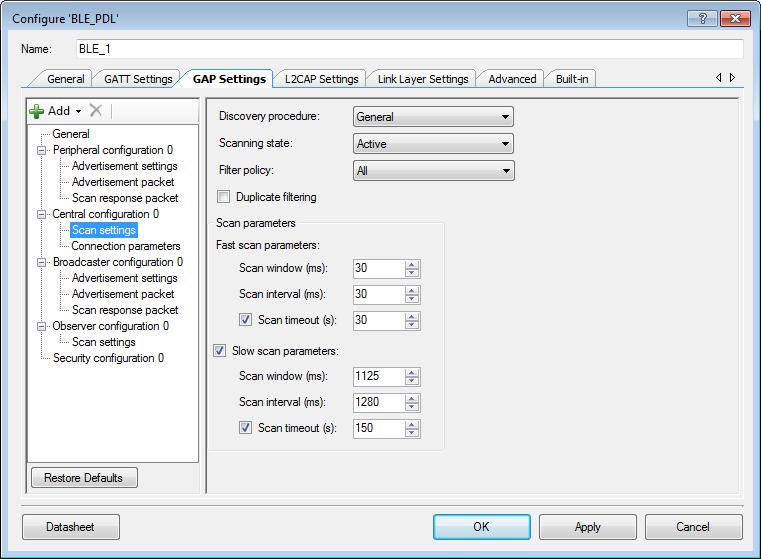 PSoC Creator Component Datasheet GAP Settings Tab Scan settings These parameters are available when the device is configured to contain Central or Observer GAP role.