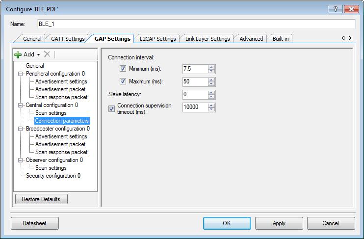 GAP Settings Tab Connection parameters These parameters define the preferred BLE interface connection settings of the Central.