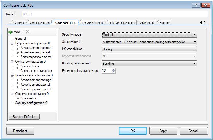 GAP Settings Tab Security This section contains several parameters to configure the global security options for the Component.