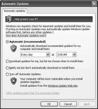 788 Chapter 16 Working with Windows XP Automatic Updates The Automatic Updates applet (Start a Control Panel a Automatic Updates) in Windows XP can be used to configure how often a check is done for
