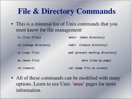 Unix directories (cont) A list of all the directories to a file is called the path. The path can either start at root / /Users/chris/Documents/4342files/2004/lecture1.