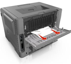 2. Gently pull down the rear door. CAUTION HOT SURFACE: The inside of the printer might be hot. To reduce the risk of injury from a hot component, allow the surface to cool before touching it. 3.