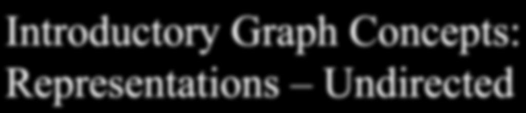 Introductory Graph Concepts: Representations Undirected Undirected Graph A B C D E F A D C E A B C D E F 0 1 1 0 0 0 1 0 1 0 1 1 1 1 0 0 0 0 0 0 0 0 1 0 0 1 0 1 0 1 0 1 0 0 1 0 Adjacency Matrix B F A