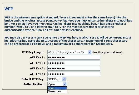 WEP Key Length: Select a 64-bit or 128-bit WEP key length from the drop-down list. WEP Key 1-4: You may enter four different WEP keys.