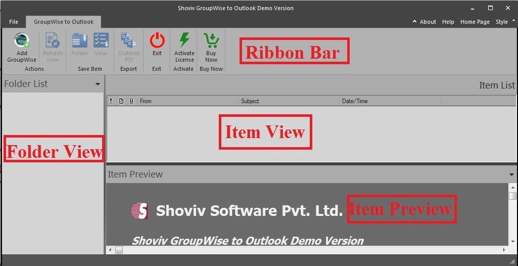 Introduction Ribbon Bar is top level bar in user interface (UI). It contains 4 menus. User Interface of Shoviv GroupWise to Outlook contain three sections 1.