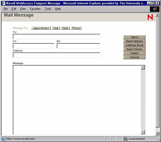 4. Sending a mail message 4.1 Composing a message 1. From the GroupWise WebAccess main window, click the Compose message icon: 2.