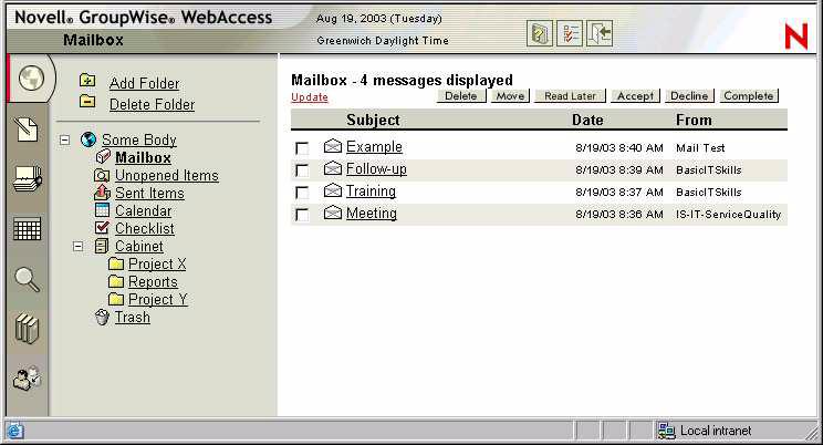 3. The GroupWise WebAccess Main window When you open GroupWise WebAccess, you see the main window, shown below.