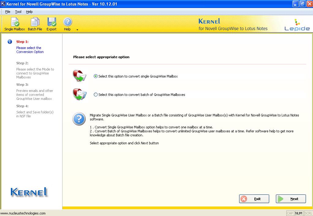 5. Migrating from Novell GroupWise to Lotus Notes Now that you have complete familiarity of the user interface of Kernel for Novell GroupWise to Lotus Notes, you are ready to perform the migration of