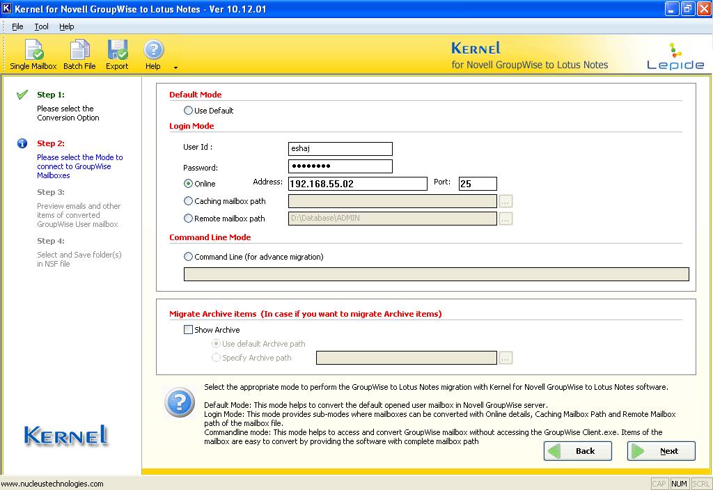 Figure 5.10: Entering Authentication details for Online Mode 3. Click the Next button to continue.