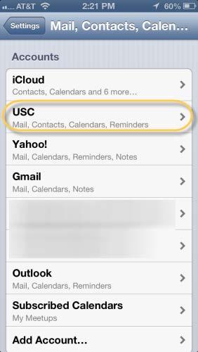 14. After a 3-5 second delay, the Mail, Contacts, and Calendars screen displays.