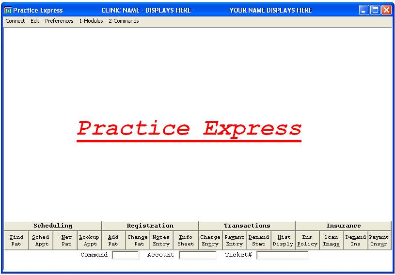 Navigating in Practice Express Once you log into Practice Express you are presented with the Alpha Inquiry window. You will notice several ways to navigate within the system. Drop-downs.