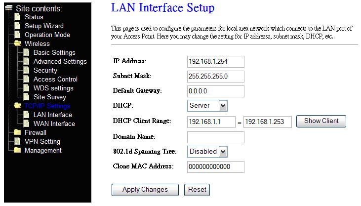 Screen snapshot LAN Interface Setup WAN Interface Setup This page is used to configure WAN access type Screen snapshot WAN Interface Setup Wireless Basic