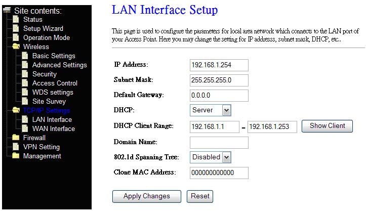 LAN Interface Setup This page is used to configure the parameters for local area network that connects to the LAN ports of your WLAN Broadband Router.