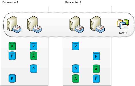 Active/Active distribution (single DAG) Active mailbox databases are deployed in the primary and secondary datacenters. A corresponding passive copy is located in the alternate datacenter.
