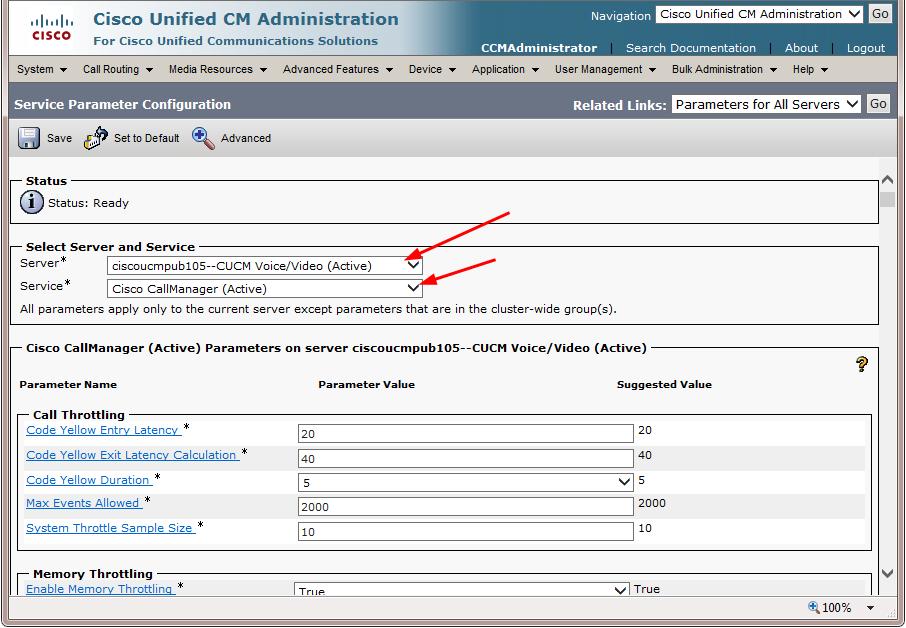 2 Next, select the active CUCM server form the pull-down list 3 In the Service Window that appears, select Cisco CallManager (Active) from the pulldown list Example: Service Parameter Configuration
