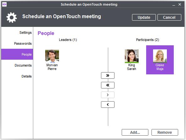 2.21.3 Add or remove a participant from an upcoming meeting and define leaders The leader role (according the licensed features): o o o o o o Add or remove participants. Mute or unmute a participant.