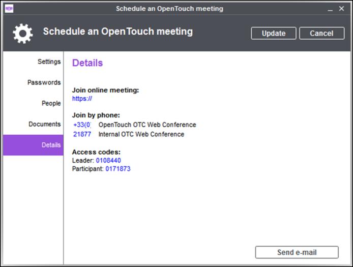 2.21.6 Modify an upcoming meeting Edit a meeting from the meeting card or the meeting list. 1. Select the tab to complet: Password : secure the access to the meeting.