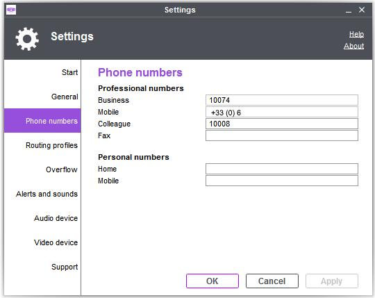 2.22.3 Phone numbers Professional numbers, Personal numbers : define professional and personal phone numbers (use these numbers for diverting/transferring calls or in call routing profiles).