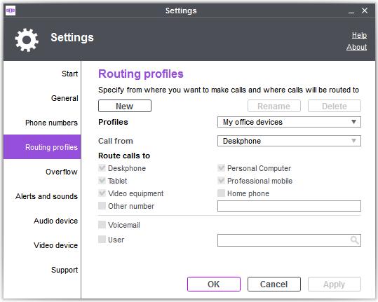New, Rename, Delete :Create, rename or suppress a routing profile. 2. Profiles : define the device for making calls.