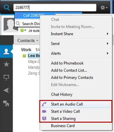 Right click to get the contextual menu with OpenTouch Conversation services.