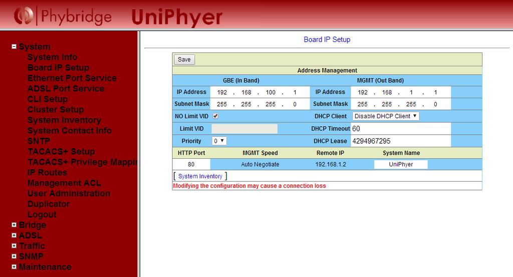 7.2. Administer Phybridge UniPhyer IP Address In the subsequent screen (not shown), select System Board IP Setup from the left panel.