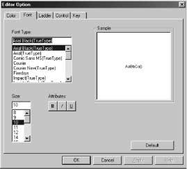 3.1 EDITOR OPTION DIALOG 3.1.3 Font The font displayed in the program window is set. 1 4 2 3 3 5 1. Font Type The selected font in the combo box list is displayed. 2. Attributes B : The bold-faced type is set or unset.