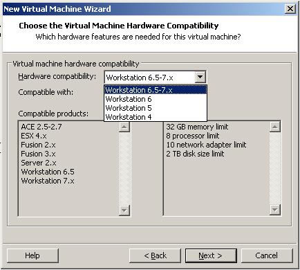 4. In the Virtual Machine Hardware Compatibility dialog box, you have several choices.