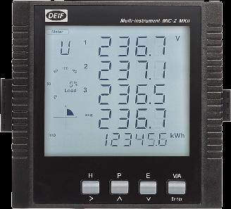 Multi-instrument for panel Access monitoring data remotely via the internet MIC-2 MKII features Measures voltage, current/active/reactive and apparent power, frequency, energy kwh/kvarh, PF, THD,
