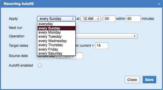Figure 26: 'Every Sunday' selected in 'Recurring Autofill' window 4.4.1.