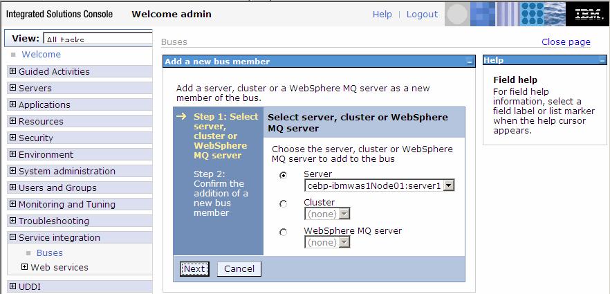 7. In the Select server, cluster or WebSphere MQ server page,