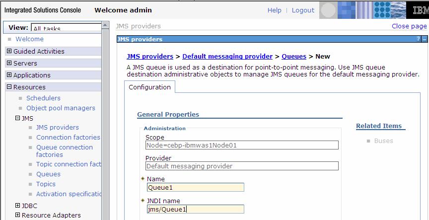10. In the New JMS queue page, enter a descriptive Name and JNDI name. 11.