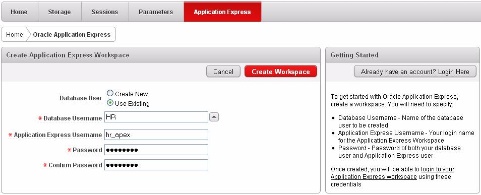 4. On the Oracle Application Express page, create a workspace for the existing database user HR, as shown in Figure 3.
