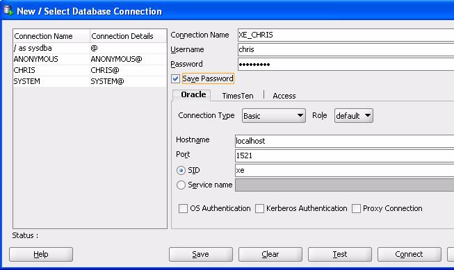 Figure 2 Creating a Database Connection In the connection definition in Figure 2: Connection Name: An alias for a connection to the database using the information that you enter.