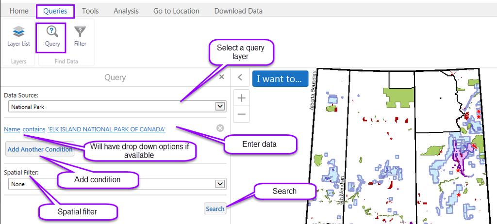 Select a query layer, layers available will display in a drop down 2. Enter data e.g.