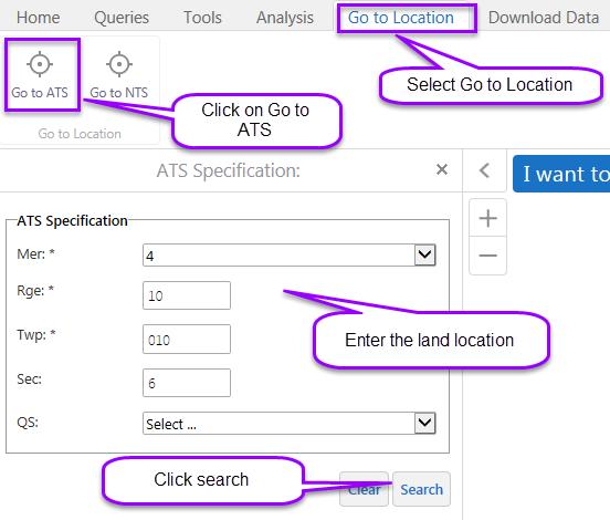 Use these tools: To: The Go to ATS (Alberta Township Survey) makes it possible to search by a specific land location (M/R/T: Sec, Qtr Sec) The Go to NTS (National Topographic System) makes it